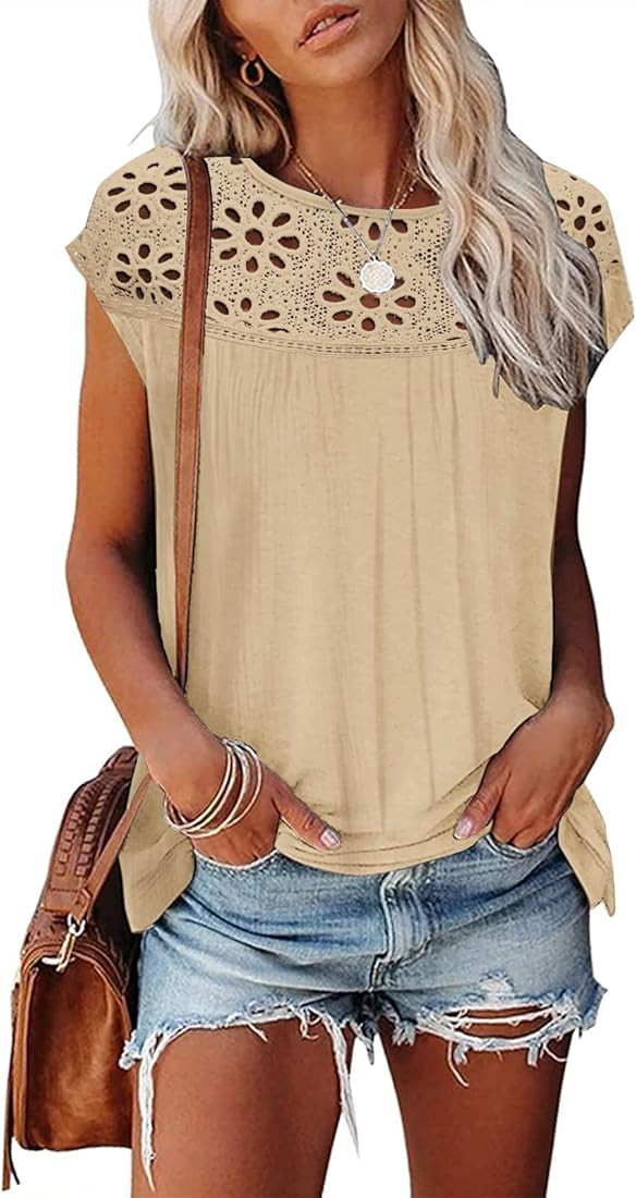 Womens Chic Hollow Summer Tops Cap Sleeve Tank Top Loose Fit T-Shirt | Amazon (US)