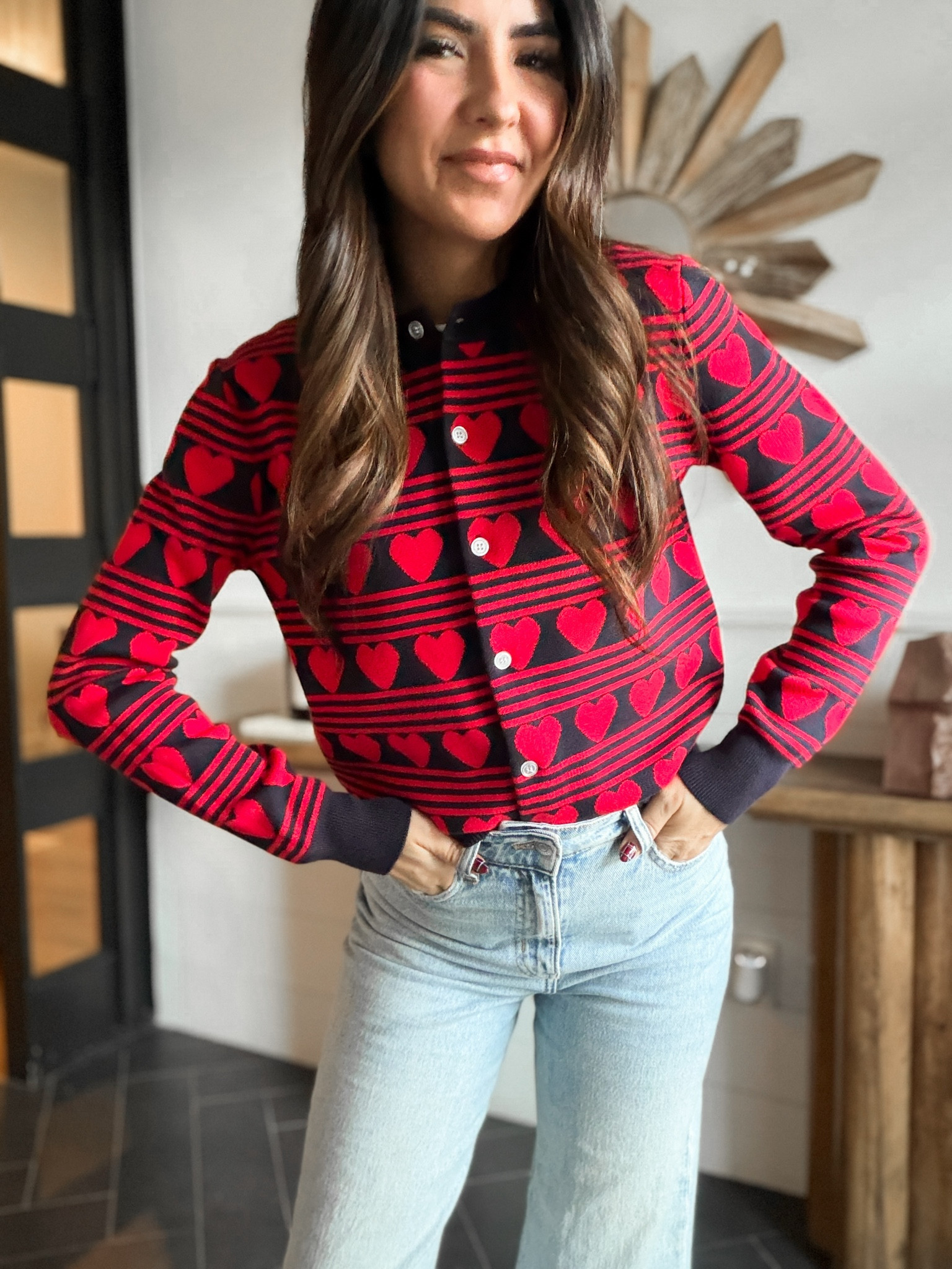 Valentine’s Day heart sweater cardigan, perfect for a work event or school event. Cute teacher outfit or mom Valentine’s Day party. Also comes in a white & navy  

Wearing size XS. 
5,4” 