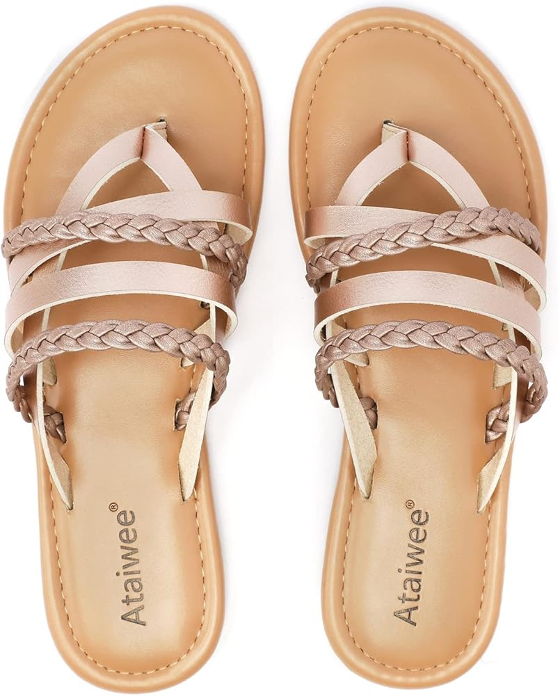 Ataiwee Women's Slide Flat Sandals - Comfortable Slip On Plait Toe Thong Strappy Spring Summer Shoes | Amazon (US)