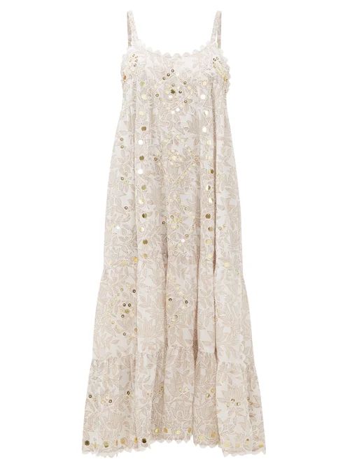 Juliet Dunn - Mirror-work Floral-print Cotton Midi Dress - Womens - White Multi | Matches (US)