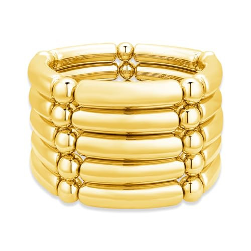 YBMYCM 5PCS Gold Chunky Bangles Bracelets for Women Gold Plated Stackable Layered Curved Bamboo Tube Stretch Bracelets Bangle Gift Jewelry (5pcs Gold-8mm) | Amazon (US)