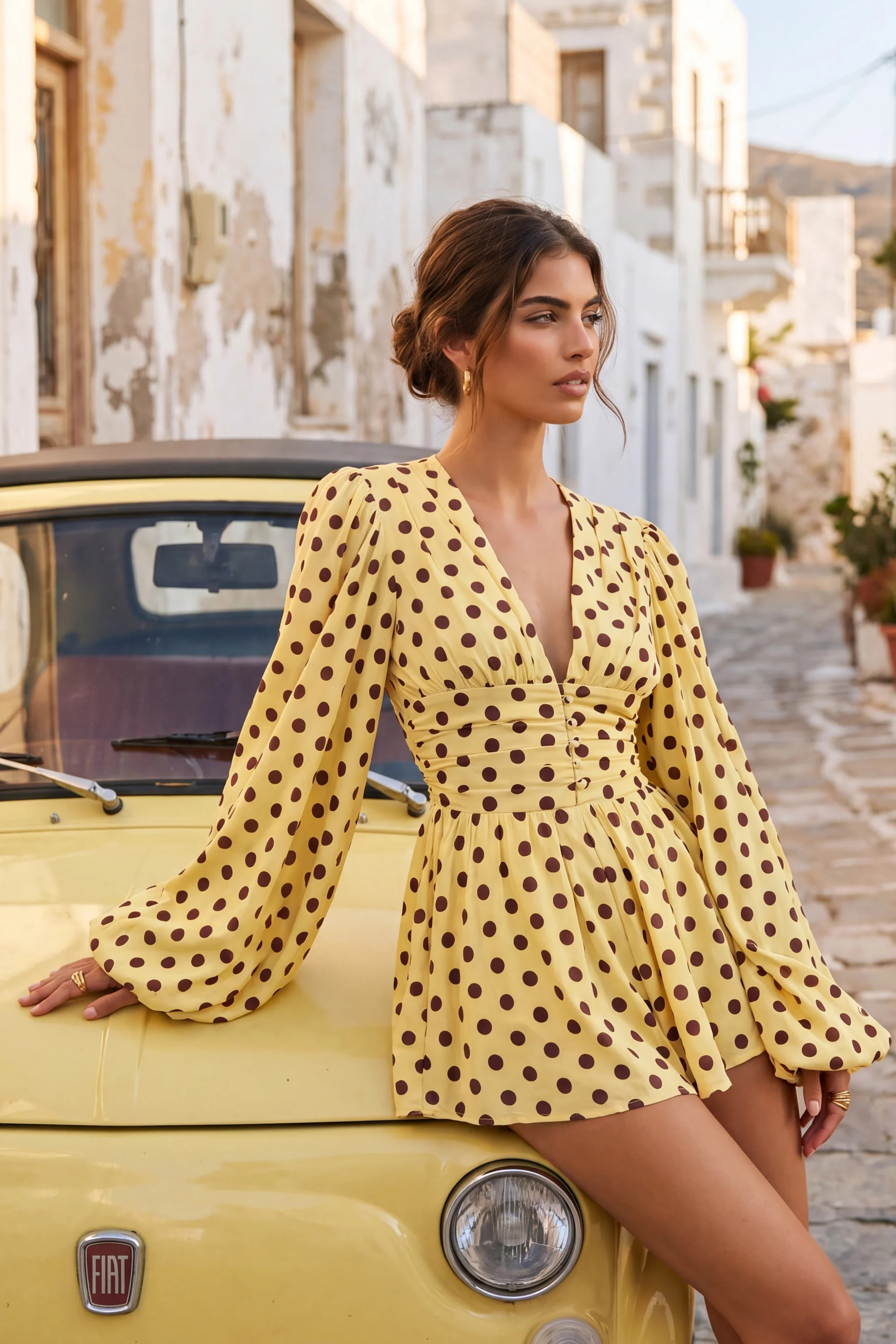 Laurel | Lemon Polka Dot V-Neck Balloon Sleeve Romper | Club L London