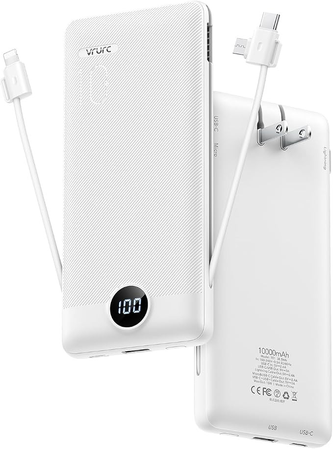 VRURC 3-in-1 Portable Charger, Built-in Cord & Foldable Wall AC Plug-White | 10000mAh Portable Po... | Amazon (US)