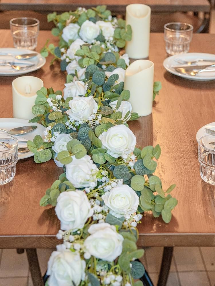 6FT Artificial Eucalyptus Garland with Flowers, 10 White Roses Baby Breath Garland Floral Greener... | Amazon (US)