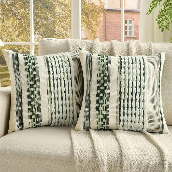 FUTEI Green Accent Throw Pillow Covers Set of 2, 18x18 Inch Plush Tufted Striped Textured Decorat... | Amazon (US)