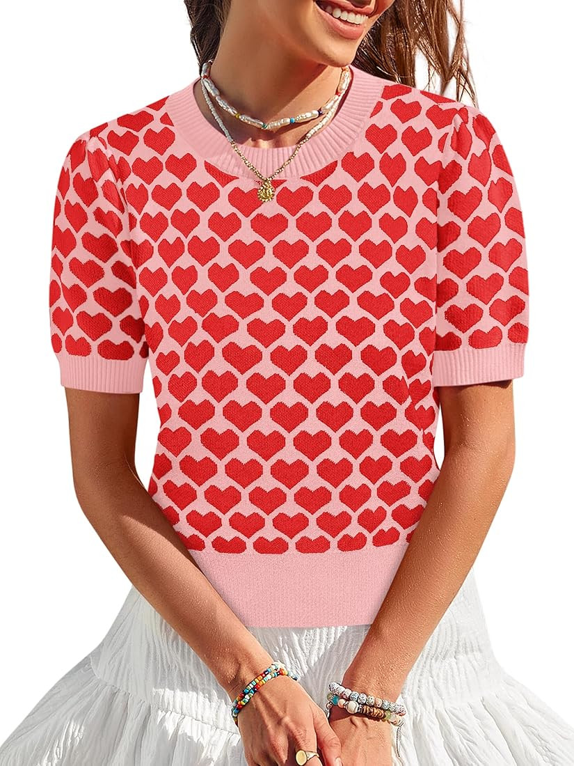 Women Puff Short Sleeve Sweater Casual Cropped Knit Shirts Cute Heart Valentines Graphic Print Pu... | Amazon (US)