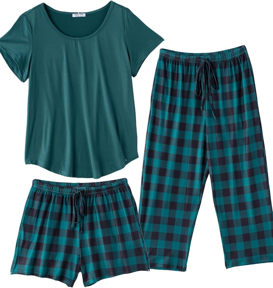 Ekouaer 3 PCS Capri Pajamas for Women Set Short Sleeve Pajama Sets Floral Pj Sets Soft Sleepwear ... | Amazon (US)