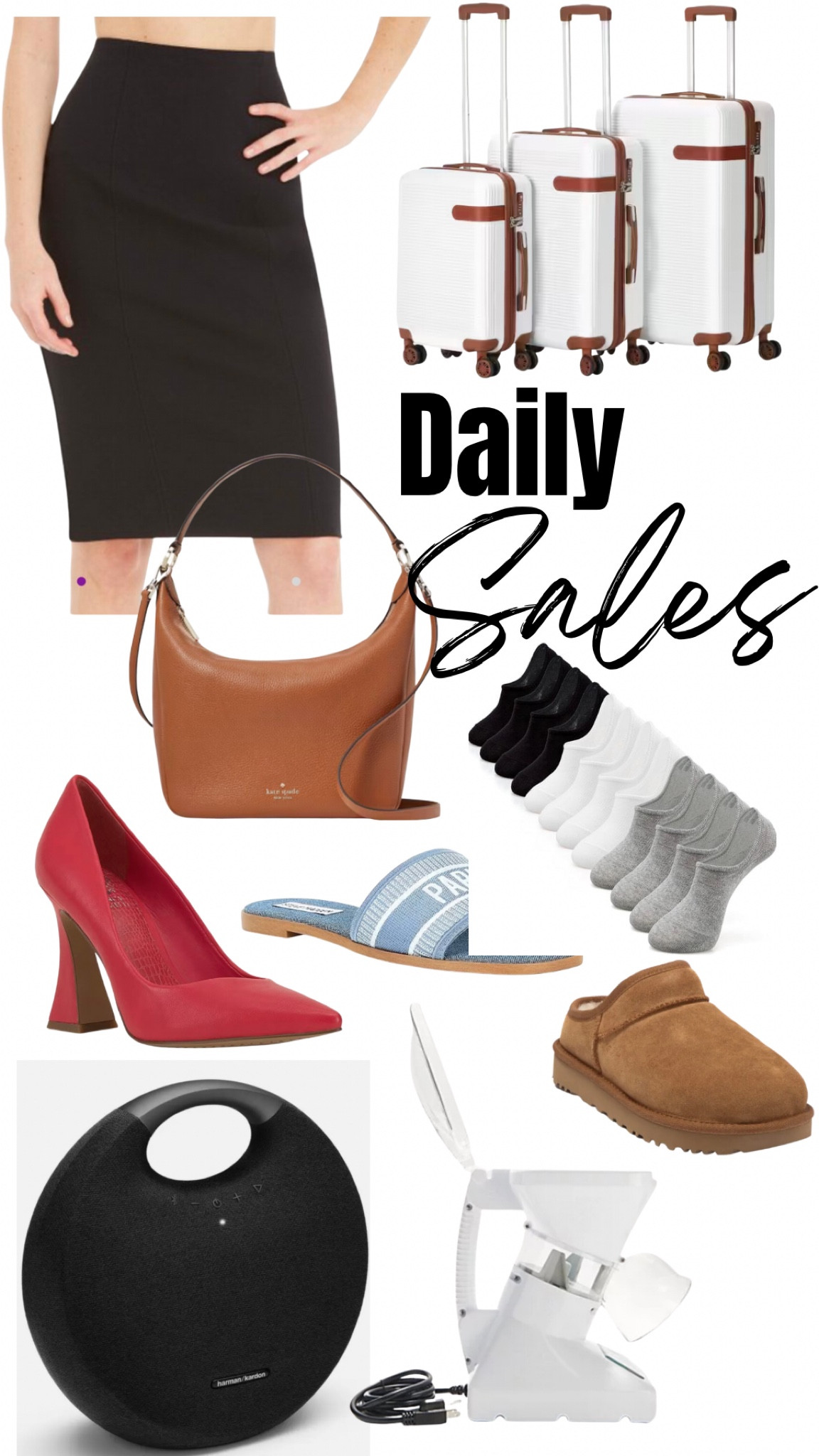 Daily price drops!!
I Harman Kardon Bluetooth speaker is awesome. It's down to $109 from $479. I own three. It has the best sound. 
There is a blowout shoe sale going down. Also, UGG slippers are on sale. 
Spanx has a huge clearance going on which includes the $26.99 pencil skirt. Also, our favorite socks are on a limited time sale. You will also score of the best Price ever on the little snowy Max. Don't forget to sign up for a new account and use the code NEWQVC30 for $30 off. 

#LTKsalealert #LTKunder100 #LTKunder50