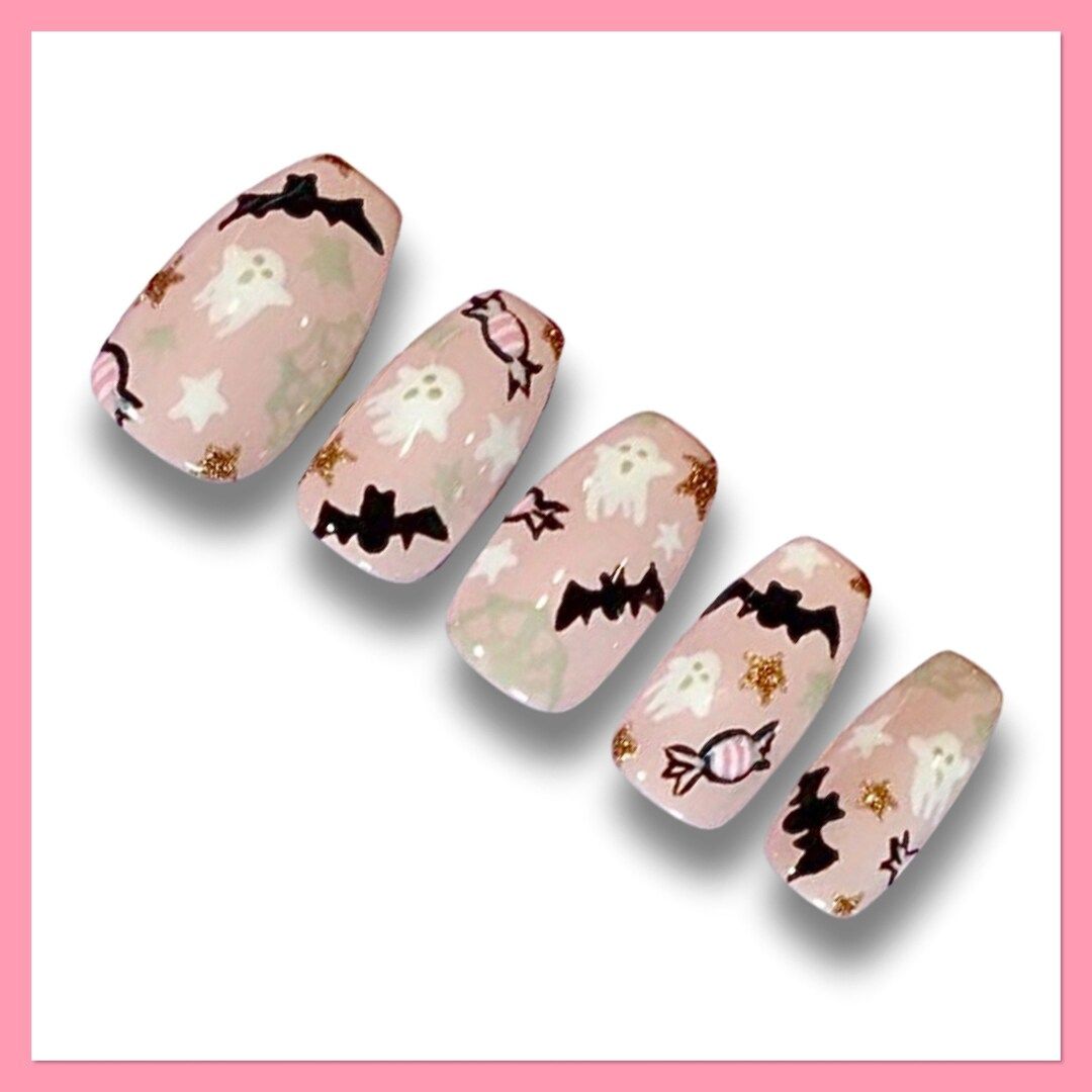 Pink Nails Halloween Nails Ghost Nails Bat Nails - Etsy | Etsy (US)