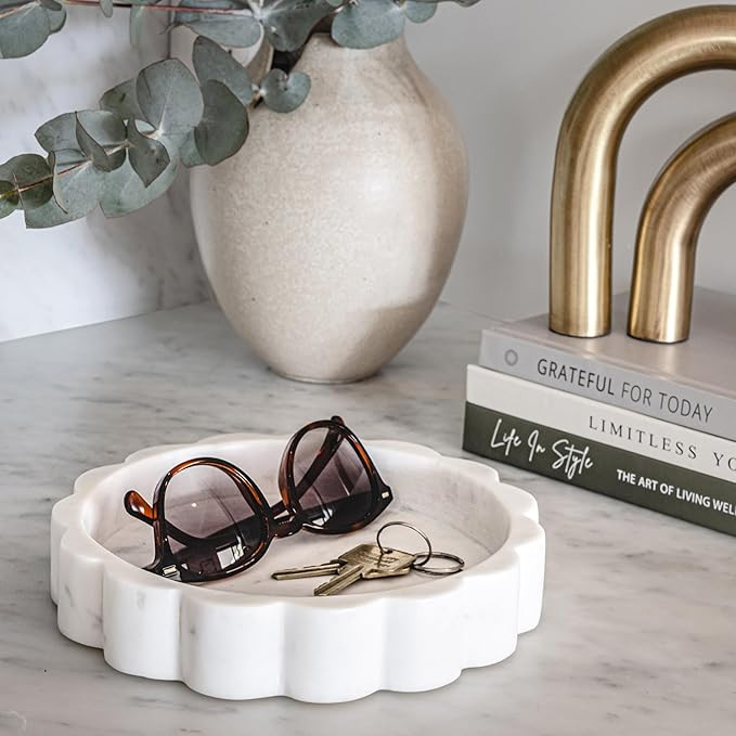 White Scalloped Marble Tray - 8" Round Stone Vanity Tray for Perfume & Jewelry, Marble Dish for B... | Amazon (US)