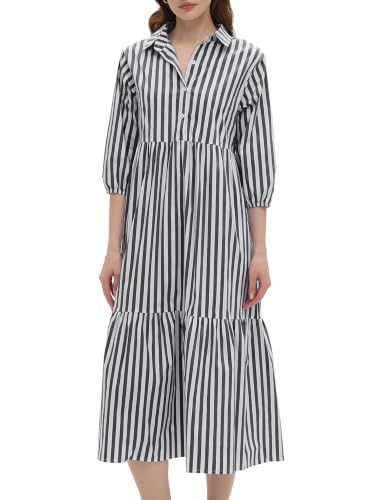 EZAPINE Womens Babydoll Striped Shirt Midi Dress Puff Long Sleeve Collared Button Tunic Flowy Swing Dresses Black | Amazon (US)