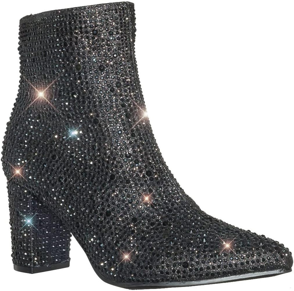 Women Rhinestone Block Chunky Heel Ankle Bootie | Amazon (US)
