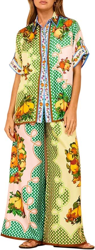 Peaceglad Women's Summer Print Two Piece Pajama Set Short Sleeve Button Down Tops Drawstring Long... | Amazon (US)