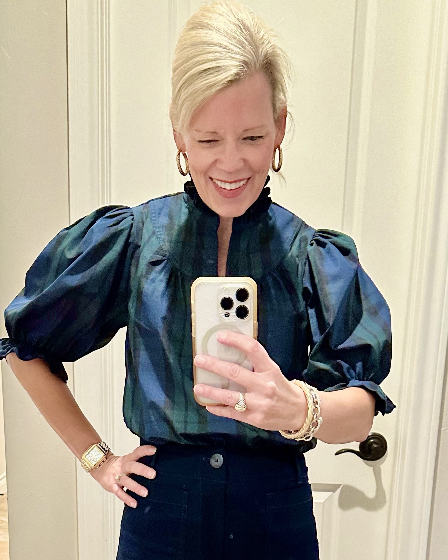 This top is absolutely gorgeous! I love all of the feminine details like the pretty puff sleeve, covered buttons and tiny ruffle around the neck. It fits true to size and would be beautiful for a dressy occasion with black or navy pants, but also would look super cute with jeans.

#LTKSeasonal #LTKVideo #LTKHoliday