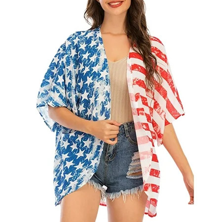 KVMeteor Women Summer Cardigan Kimono American Flag Print Tops Casual Beach Cover Up | Walmart (US)
