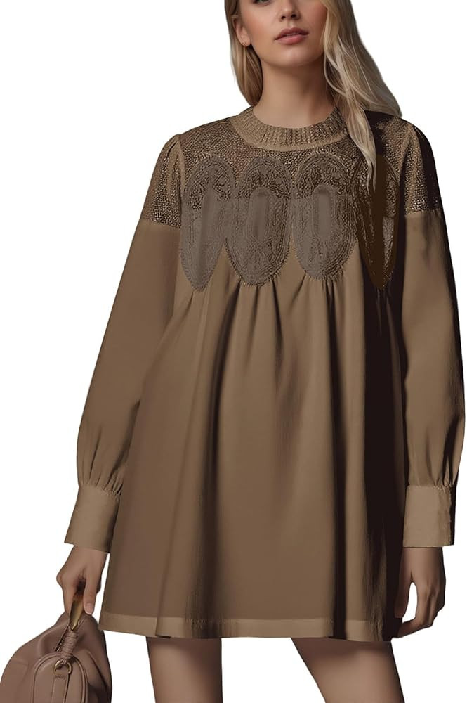 MISSACTIVER Floral Crochet Mini Dress for Women Sheer Lace Mesh Crew Neck Long Sleeve Pleated A L... | Amazon (US)