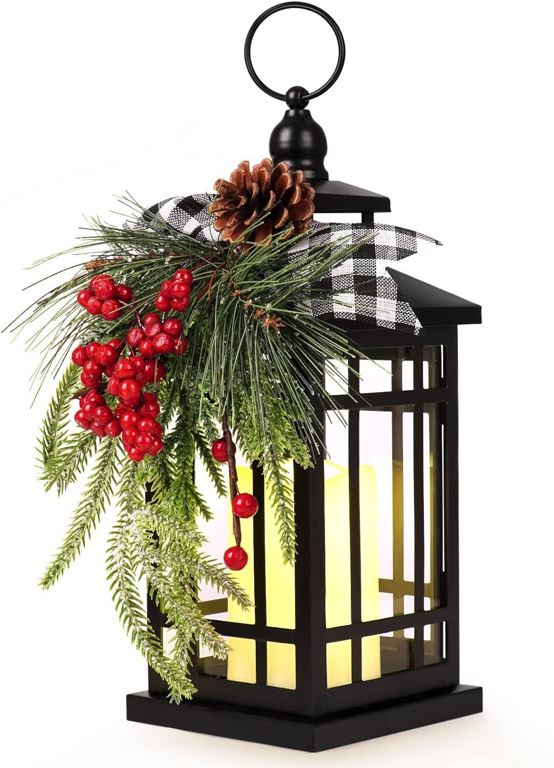 WOKEISE Metal Christmas Vintage Candle Lanterns with Led Light,Plaid Ribbon Decorative Hanging La... | Amazon (US)