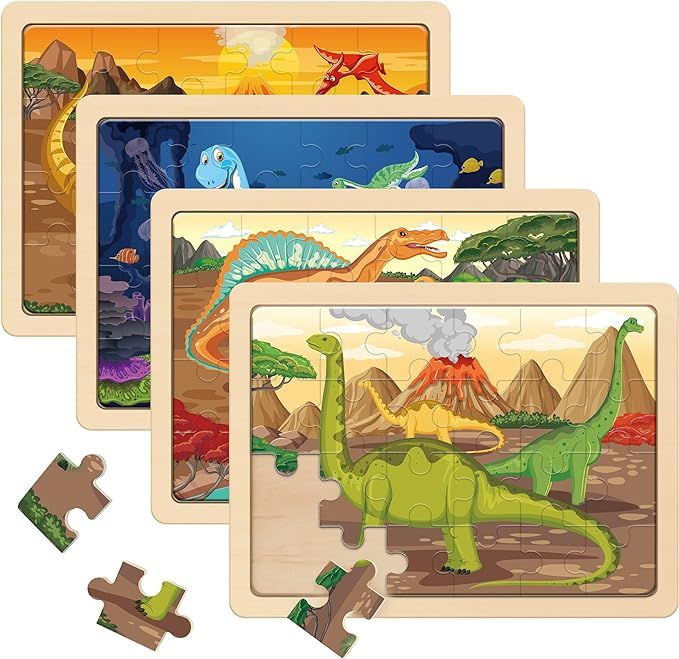 SYNARRY Wooden Dinosaur Puzzles for Kids Ages 3-5, 4 Packs 24 PCs Jigsaw Puzzles Preschool Educat... | Amazon (US)