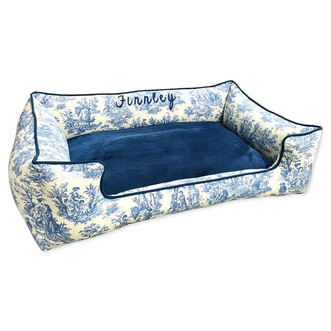 Navy Toile Dog Bed | Blue Minky & Toile Pet Bedding | Toile Patterned Pet Bedding | Personalized ... | Etsy (US)