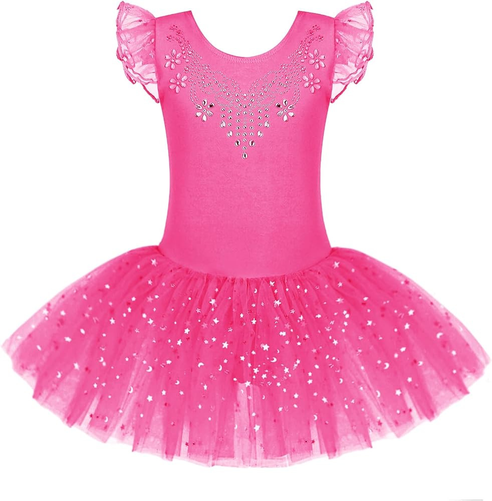 Zaclotre Kid Girls Ruffle Sleeve Ballet Skirted Leotard Shiny Dance Tutu Dresses | Amazon (US)