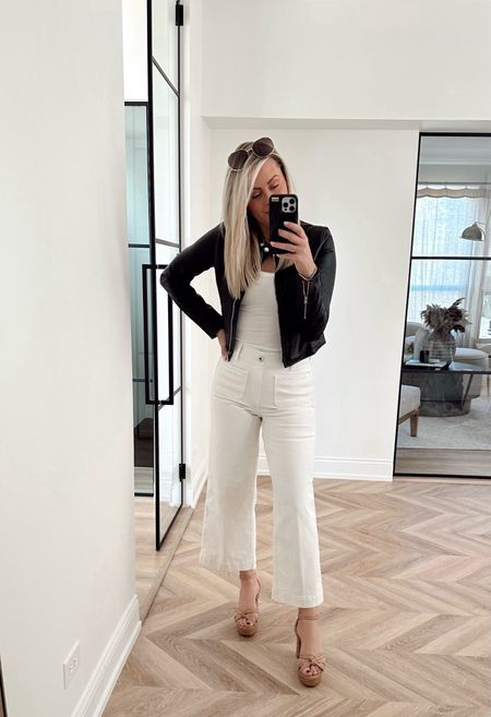 Spring outfit inspo! Use code: LILLIEXSPANX for discount & free shipping. These pants are nude lined so they are not see-through. Elastic and cropped flare, several colors! 

Top: S
Jacket: S
Pants: small

Spring outfit. Spring style. White pants. Date night outfit. Heels. Sandals. 

#LTKSeasonal #LTKstyletip #LTKfindsunder100