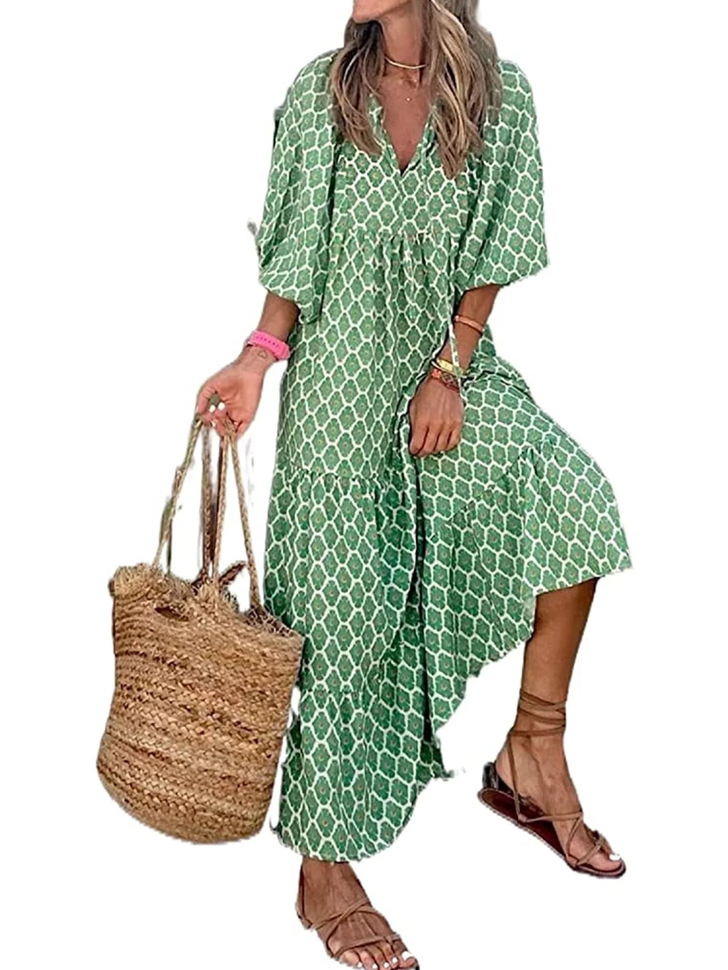 Women Short Puff Sleeve V Neck Maxi Dress Summer Boho Floral Printed Dress Smocked Tiered Flares ... | Walmart (US)