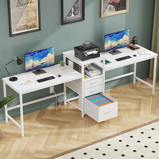 94.5'' Two Person Desk with Charging Station, Long Desk with 3 Fabric Drawers and Printer Shelf, ... | Amazon (US)