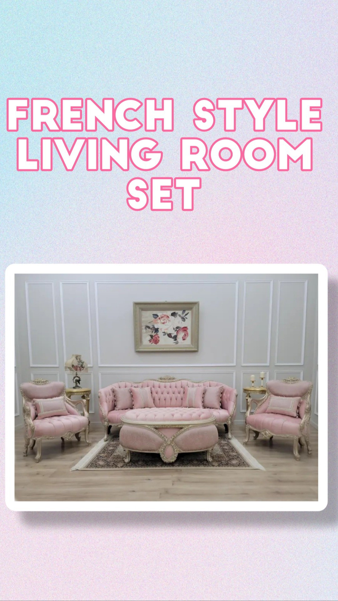 French Style Living Room Set/ Aged Gold Leaf accent/ Hand Carved Wood Frame/ Tufted Light pink Velvet, Sofa , pair of chairs , ottoman

#LTKSaleAlert #LTKHome #LTKWatchNow