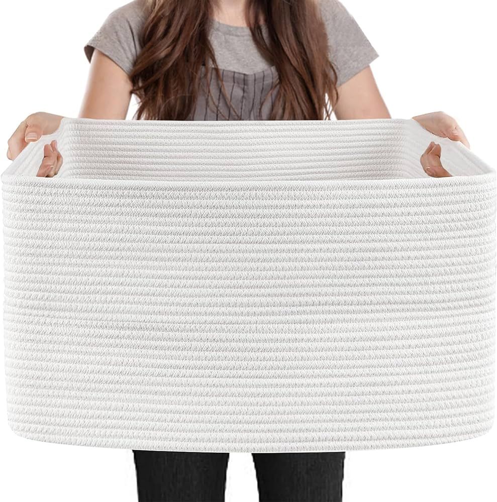 Extra Large White Storage Basket, 23.6" x 15.7" x 14.1" Rectangle Blanket Basket Living Room, Wov... | Amazon (US)
