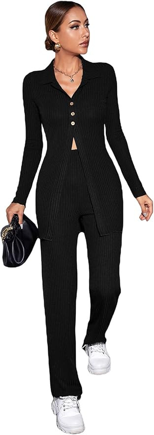 MakeMeChic Women's 2 Piece Outfits Long Sleeve Ribbed Knit Top and Pants Set | Amazon (US)