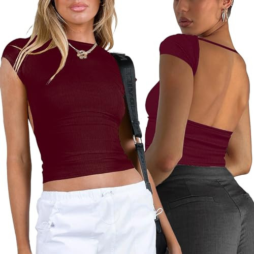 Womens Short Sleeve Tops - Ribbed Backless Top Crew Neck Y2K Summer Open Back Trendy Crop Tee Red | Amazon (US)