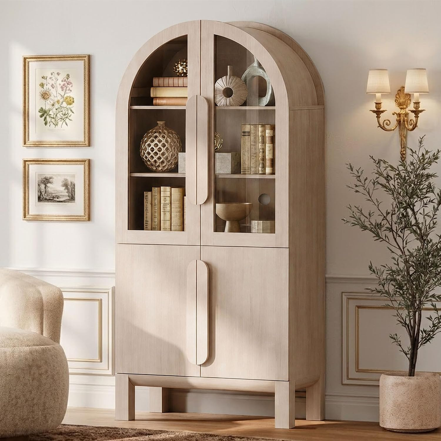 WAMPAT 71" Tall Arched Bookshelf, 5 Tiers Bookcase with Glass Doors and Adjustable Shelves, Modern Arched Display Cabinets, Wooden Pantry Storage Cabinet for Office, Living Room (1PC, Beige) | Amazon (US)