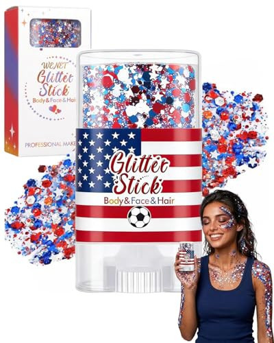 4th of July Glitter Stick, Red White and Blue Body & Hair Sparkle Gel, Patriotic Face Glitter Stick for Women, Independence Day 3-in-1 Waterproof Red Blue and White Beauty Makeup Accessory(#A,1PC) | Amazon (US)