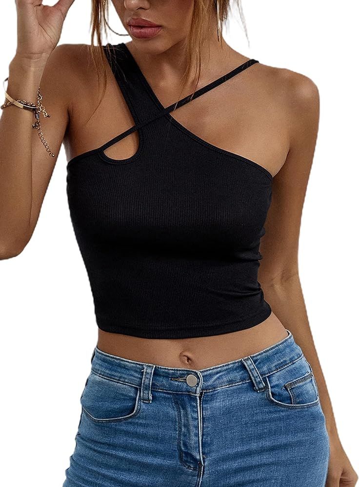 Remidoo Women's Sexy Strap Asymmetrical Neck Cutout Ribbed Knit Slim Fit Cami Crop Top | Amazon (US)