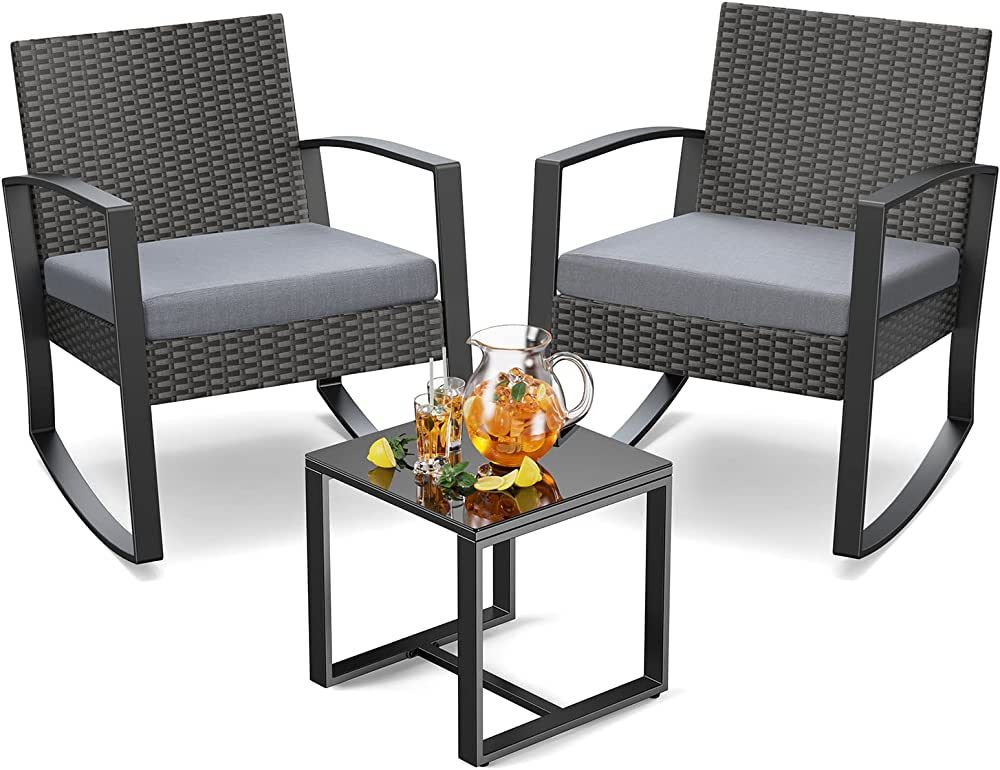 3 Pieces Wicker Patio Furniture Set, Modern Rocking Conversation Set with Coffee Table, Outdoor R... | Amazon (US)