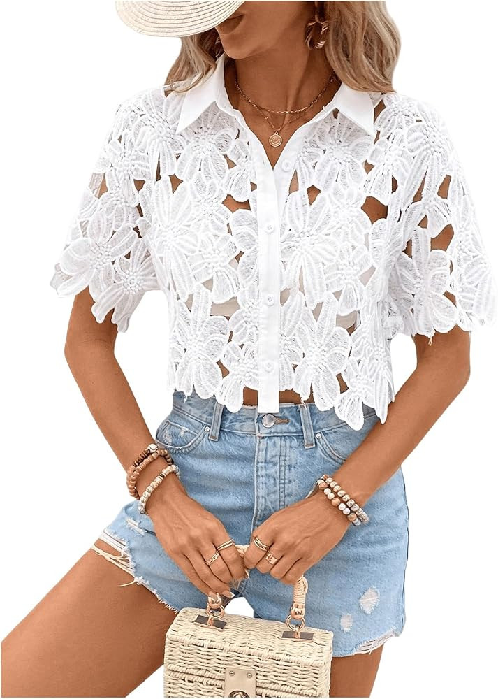 SOLY HUX Women's Lace Blouses Crop Tops Short Sleeve Sheer Button Up Shirts | Amazon (US)