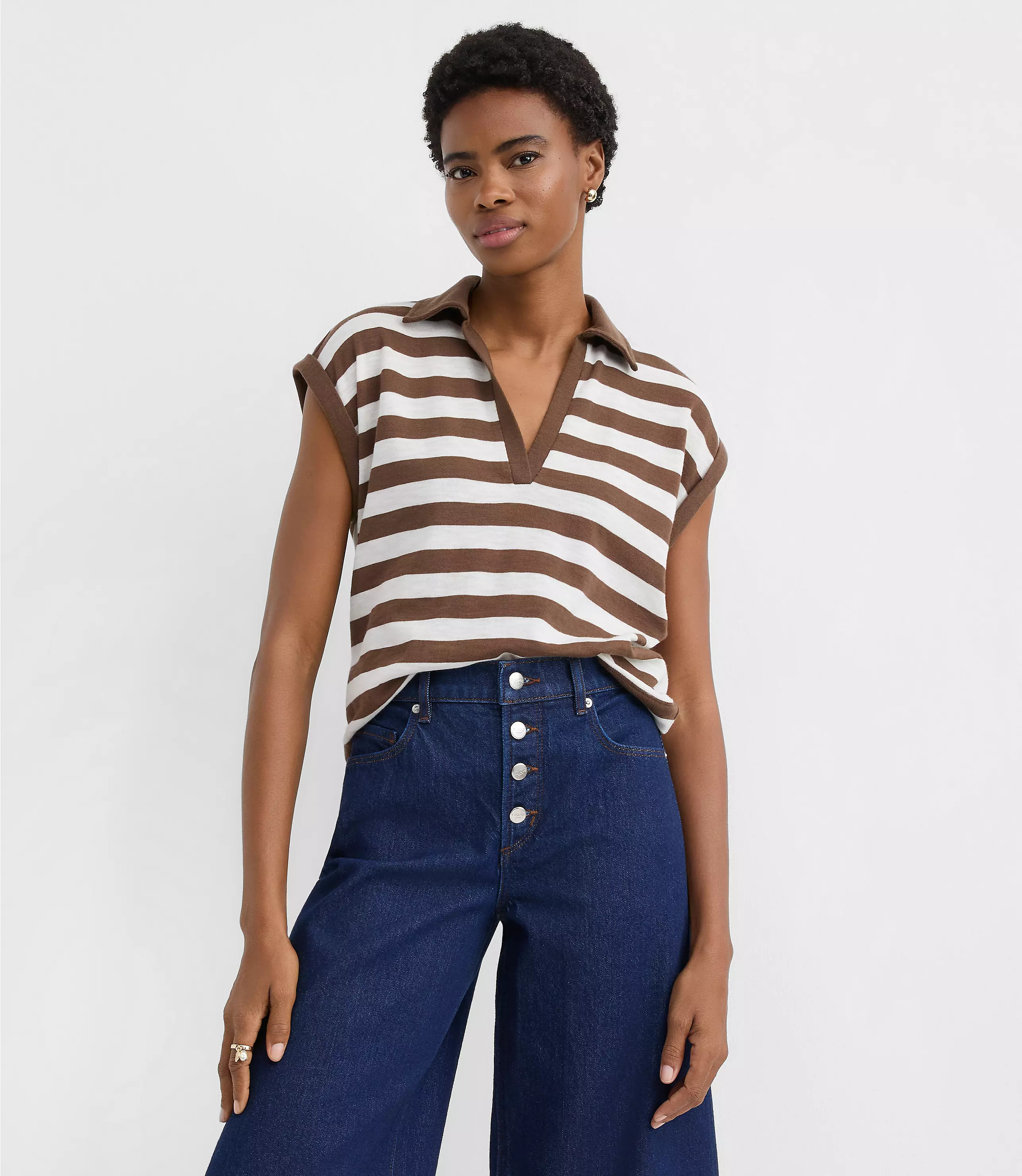 Stripe Collared Split Neck Top | LOFT