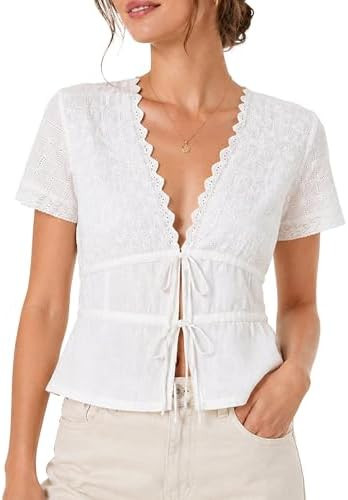 Womens Summer Boho Tie Front V Neck Tops Short Sleeve Casual Eyelet Sheer Shirts Flowy Lace Blous... | Amazon (US)