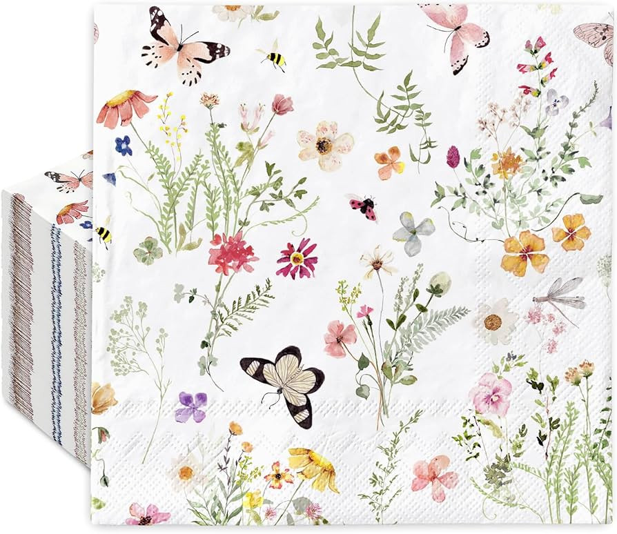 Whaline 50Pcs Wildflower Paper Napkin Watercolor Floral Butterfly Disposable Luncheon Napkin Dess... | Amazon (US)