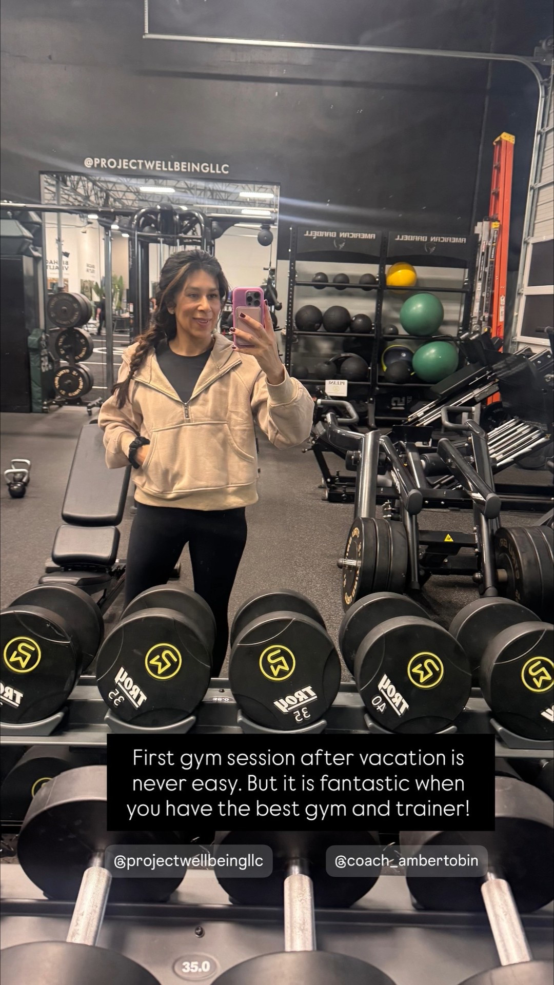 First gym session after vacation is never easy. But it is fantastic when you have the best gym and trainer!

My trainer reminds me that frame of mind is so important and powerful! Glad to have given my body a rest over the holiday break - but now it’s time to get to work. 

Made the workout fun to also be wearing my cute new hoodie! Such a cute color! I sized up and am wearing a medium here  

#LTKdayinmylife #LTKActive #LTKmomlife