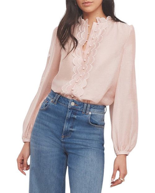 MINT VELVET Embroidered Ruffle Blouse in Light Pink at Nordstrom, Size X-Large | Nordstrom