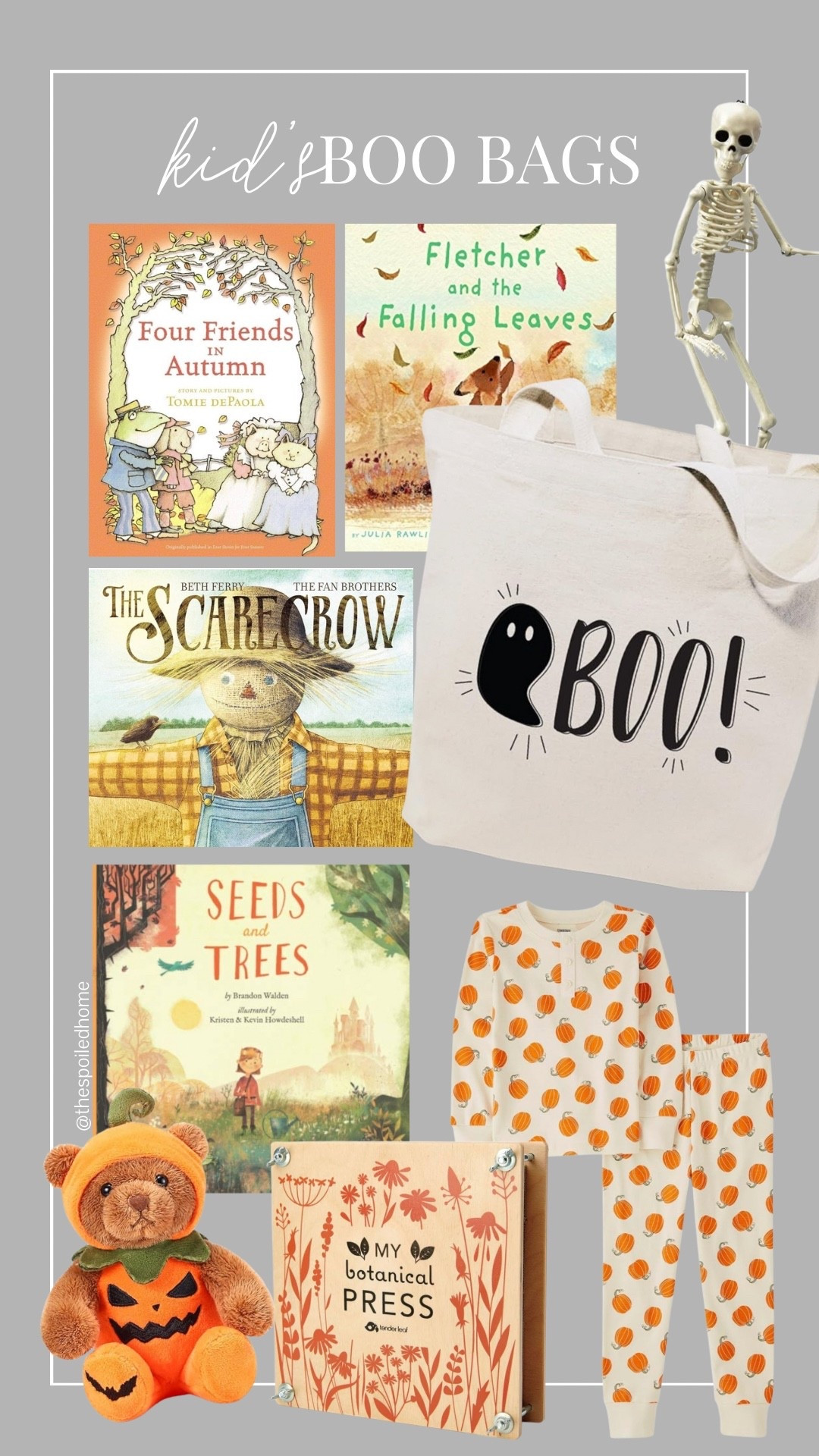 Reuse the bag for candy and the skeleton for decoration each year! Keep what you want to reuse—our friend adds new costumes and books for her kids each year.

Use the flower press to go on a walk for pretty leaves!

#LTKKids #LTKFamily #LTKHalloween