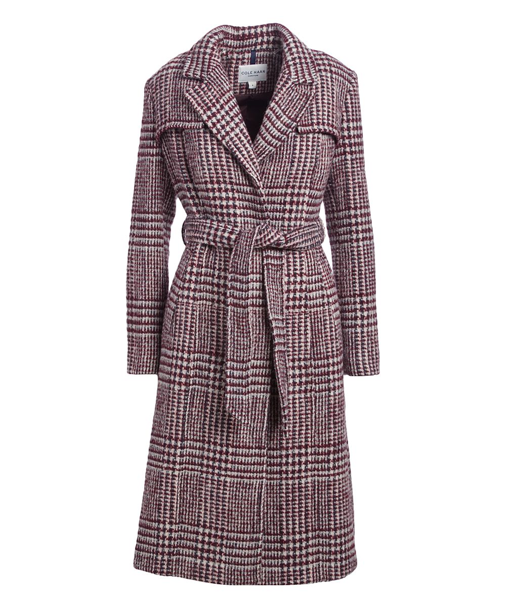 Cole Haan Women's Car Coats [BUR]BURGUNDY - Burgundy Plaid Prince of Wales Wool-Blend Trench Coat -  | Zulily
