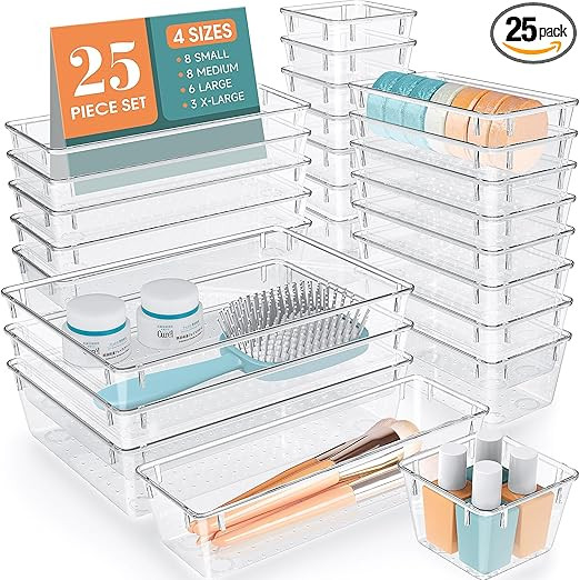 WOWBOX 25 PCS Clear Plastic Drawer Organizer Set, 4 Sizes Desk Drawer Divider Organizers and Stor... | Amazon (US)