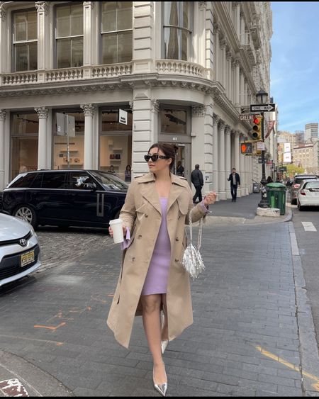 Lavender long sleeve dress, neutral trench coat, silver closed toe pumps, silver rhinestone retrofete bag. Soft summer color analysis outfit 

#LTKitbag #LTKworkwear #LTKstyletip