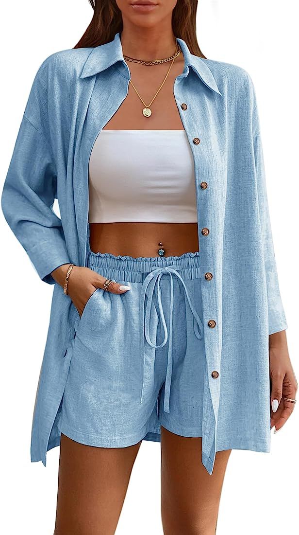 Aoulaydo Women’s 2 Piece Lounge Tracksuit Outfit Set Summer Botton Down Long Sleeve Shirt with ... | Amazon (US)