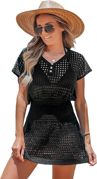 CUPSHE Women Crochet Swim Cover Up Short Sleeve V Neck Bathing Suit Beach Dress Summer Swimwear C... | Amazon (US)