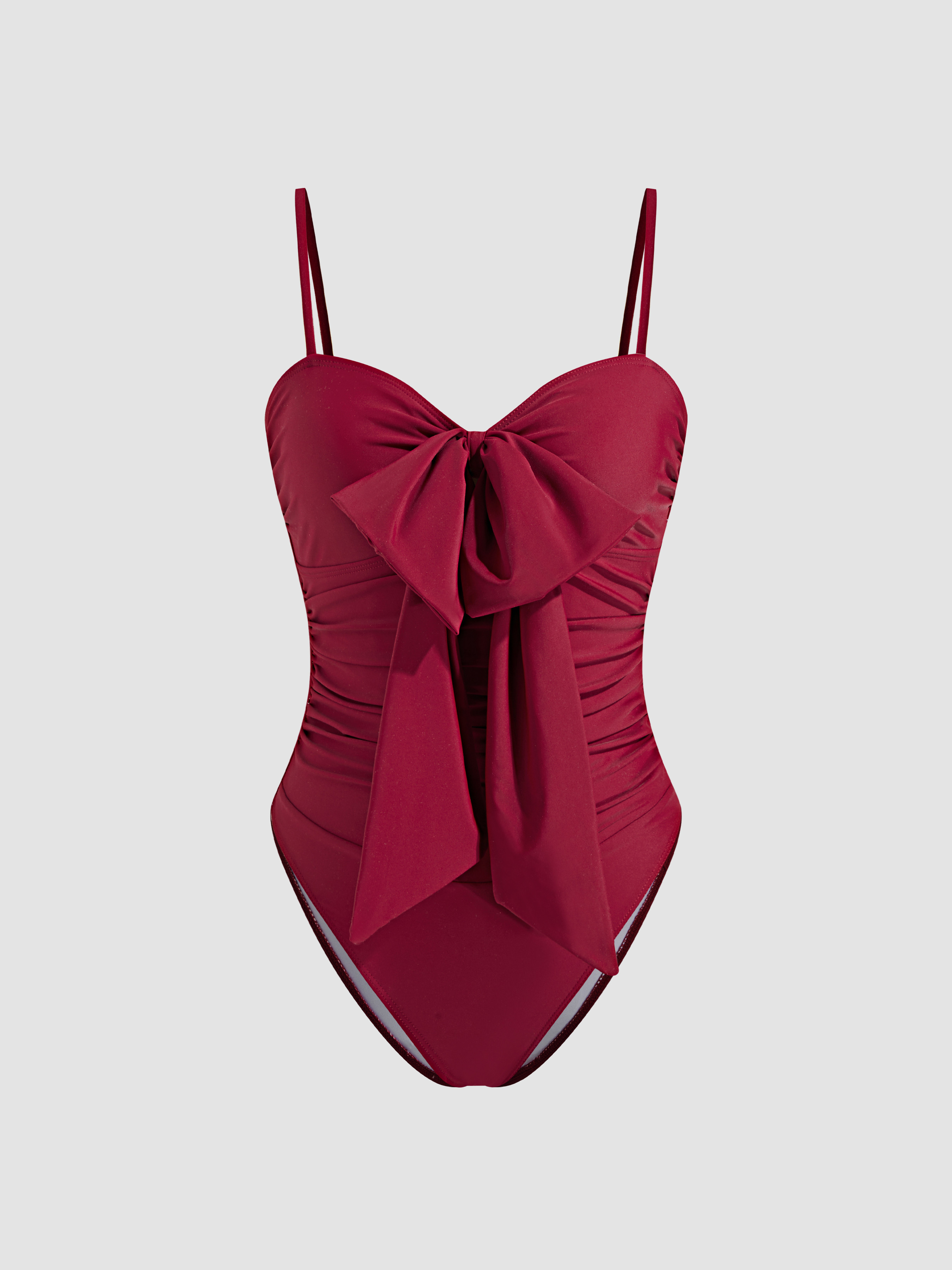 Knit Fabric Shaping V-neck Bowknot Ruched One Piece Swimsuit For Swimming Pool Vacation | Cider