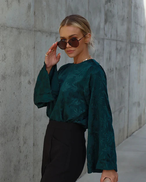 Odette Embossed Wide Sleeve Top - Dark Green | VICI