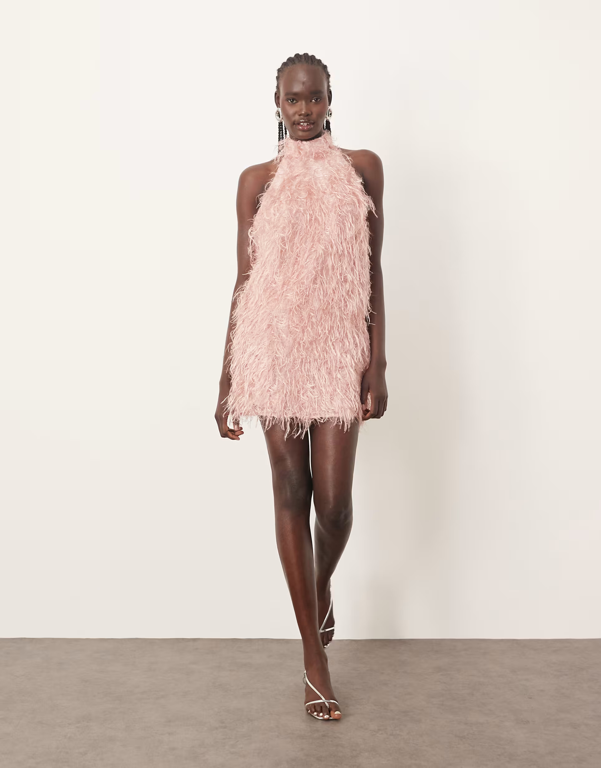 ARRANGE textured faux feather halterneck mini dress in pink | ASOS (Global)